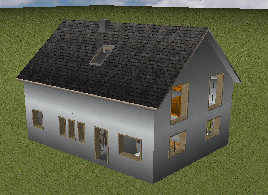 Zweistöckiges Haus mit dunklem Satteldach, Dachfenster, offener Eingang; Gebäude steht auf Gras.