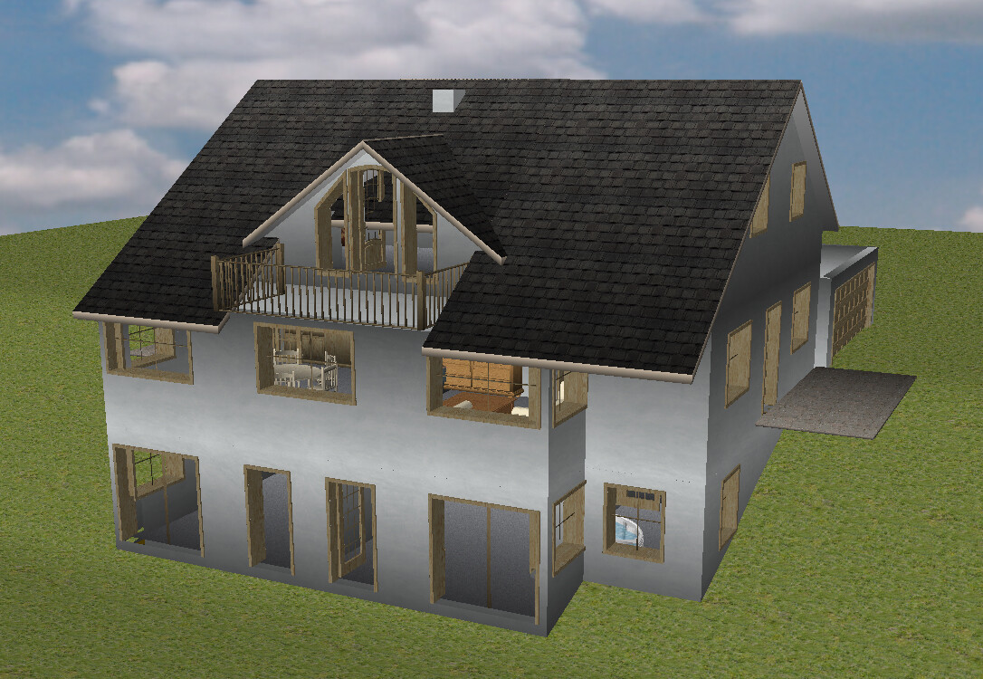 3D-Modell eines zweistöckigen Hauses mit Satteldach, Balkon und Garageanbau auf grünem Gelände
