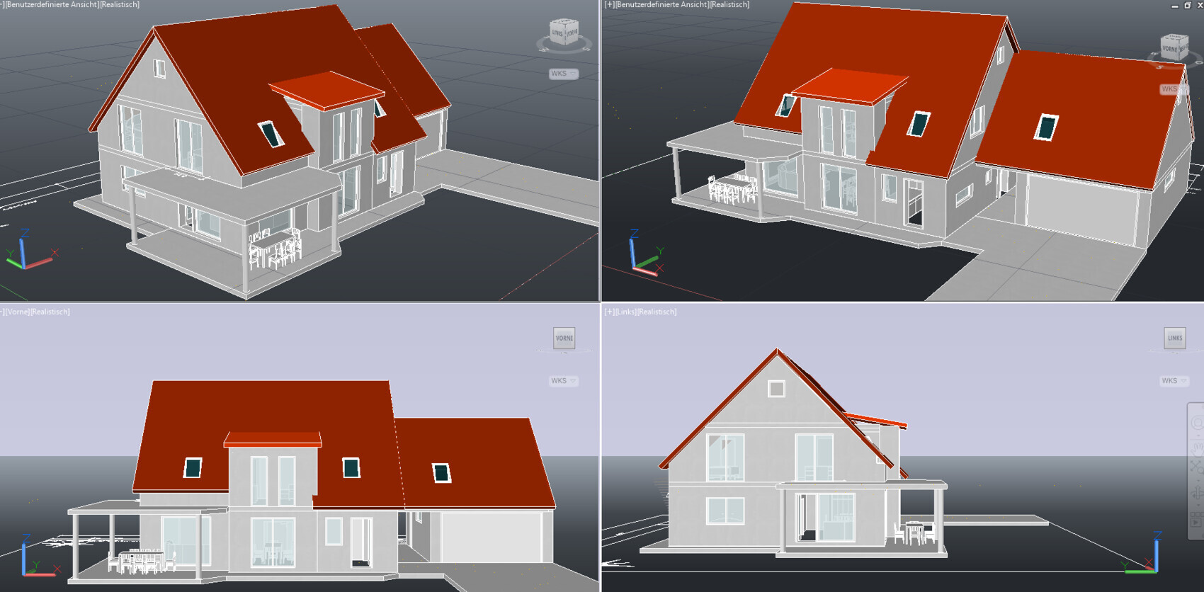 3D-Modell eines Hauses mit rotem Satteldach, Veranda und Terrasse.