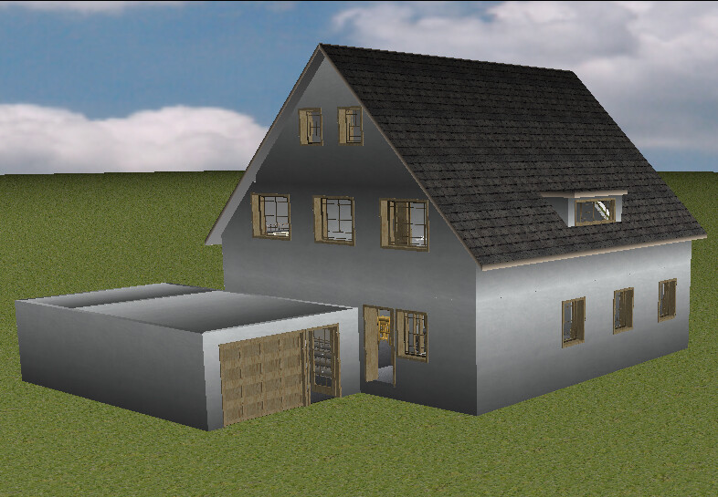 Zweistöckiges Haus mit Garage, graue Fassade, Satteldach und mehreren Fenstern auf grünem Rasen