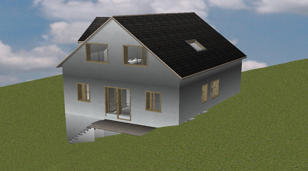 Zweistöckiges Haus auf grünem Hang, Satteldach, Fenster mit Holzrahmen, Treppe