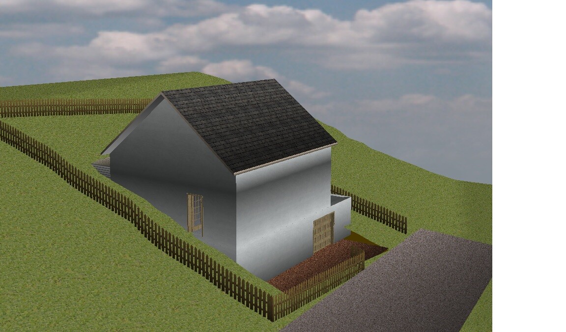 Realistisches 3D-Hausmodell auf Hanglage mit Holzzaun und Zufahrt