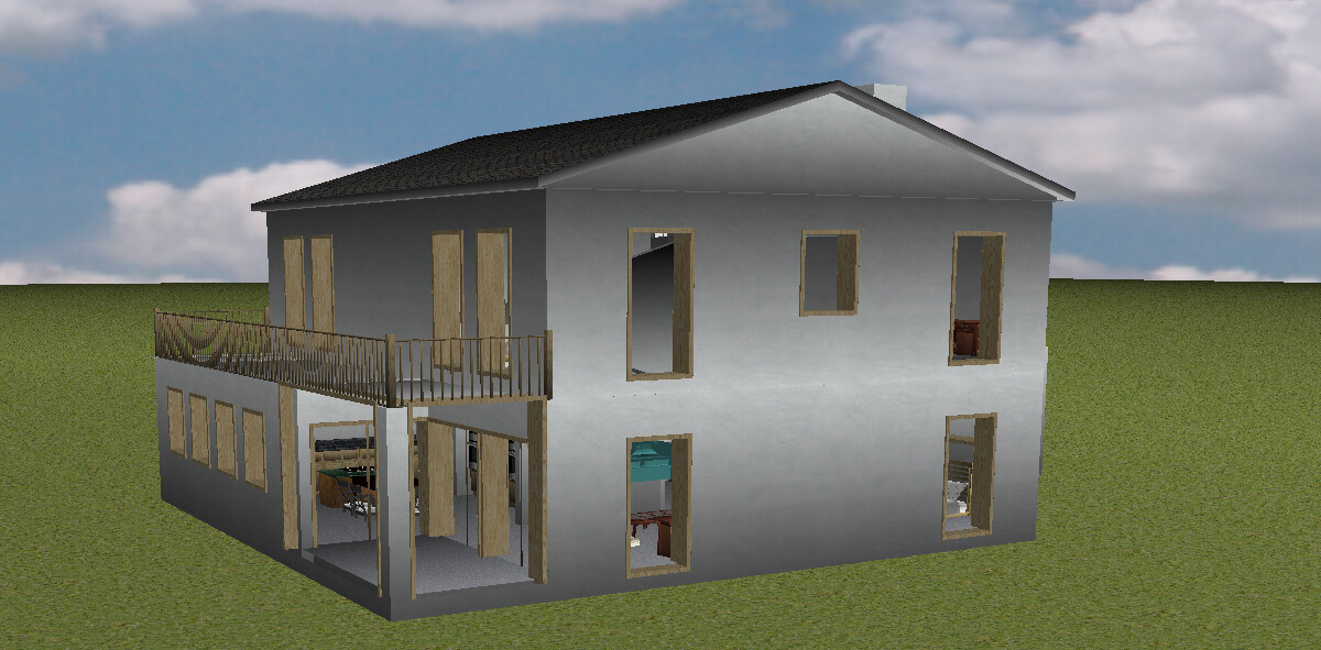 Zweistöckiges Haus im Bau mit seitlichem Balkon, offene Türen und sichtbare Innenräume.