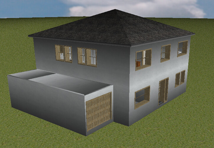 Zweistöckiges graues Haus mit Anbau-Garage auf grünem Rasen.