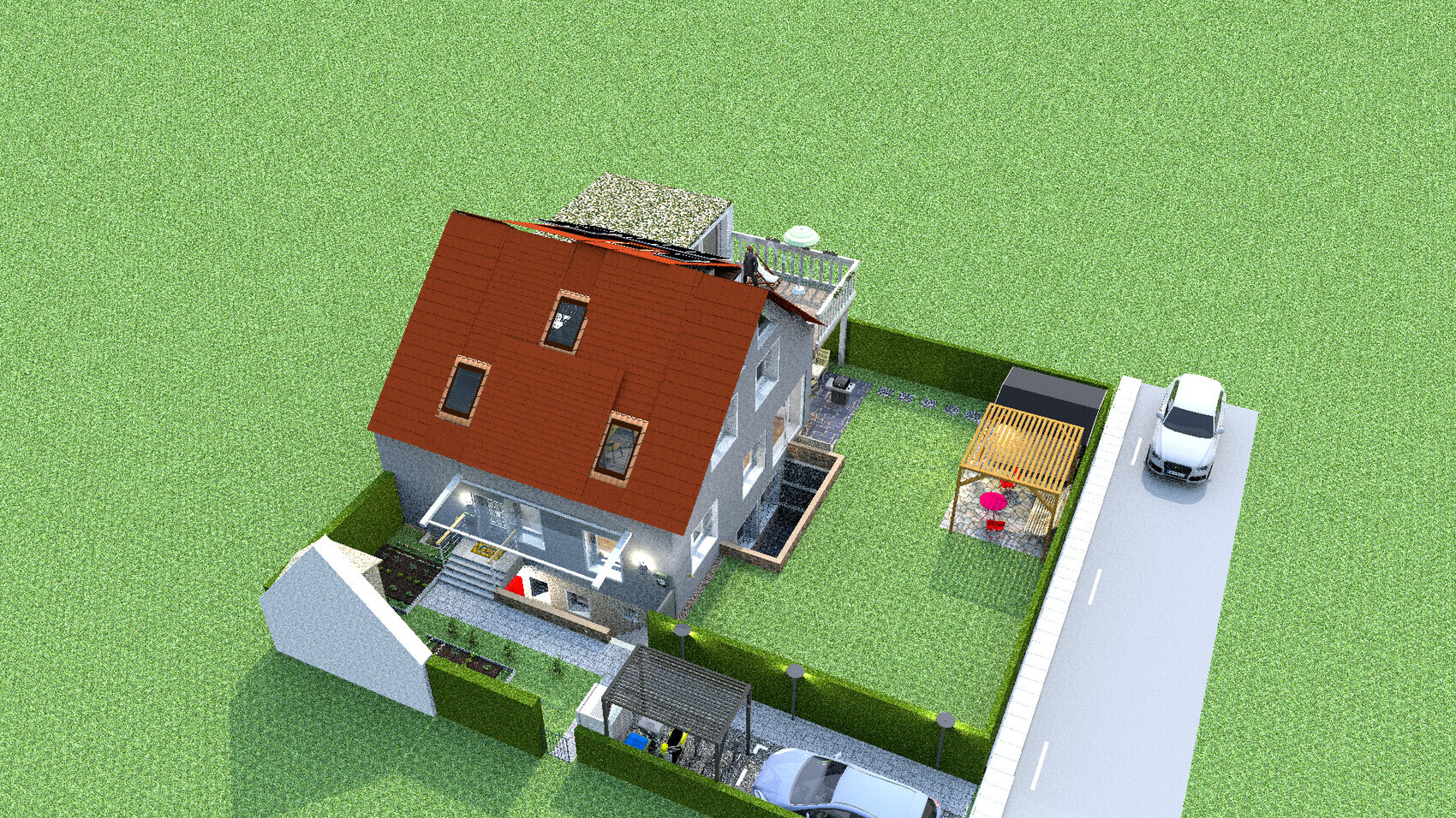 Vogelperspektive: Haus mit rotem Dach, Garten, Terrasse mit Pergola, Autos im Hof.
