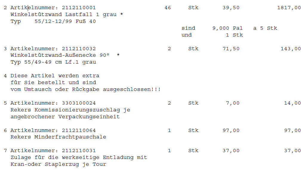 Textbasierte Rechnungsliste mit Artikelnummern und Preisen auf weißem Hintergrund.