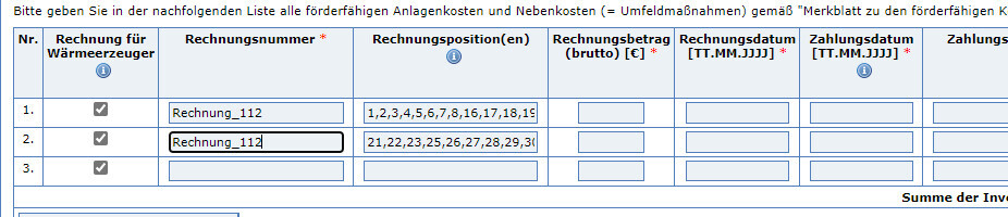 Bildschirmfoto eines Formulars: 3 Zeilen Tabelle mit Checkboxen, Rechnungsnummern und Beträgen.
