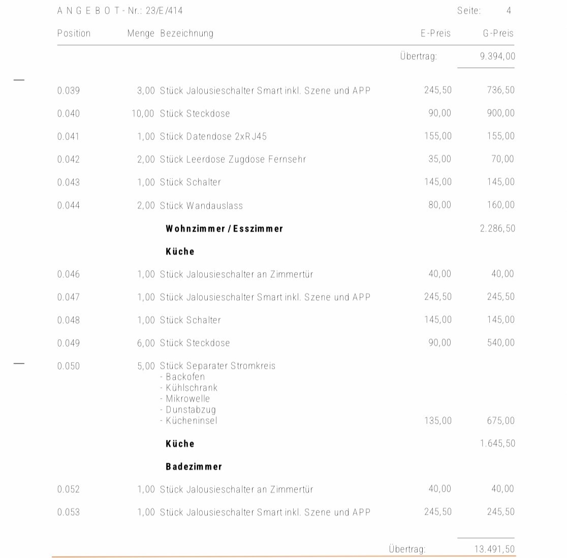 Detaillierte Angebotsrechnung mit Zimmeraufteilung: Jalousieschalter, Steckdosen, Möbelteile.