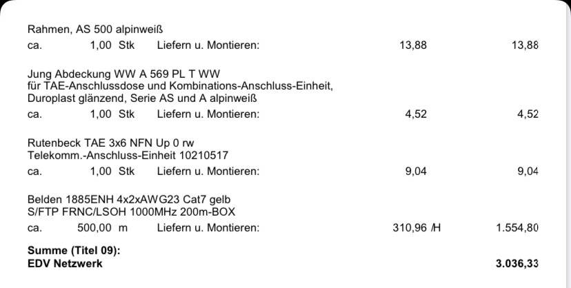 Rechnung mit Positionen: Rahmen alpinweiß, Abdeckung, TAE-Einheit, Netzwerkkabel; Summe 3.036,33 EUR