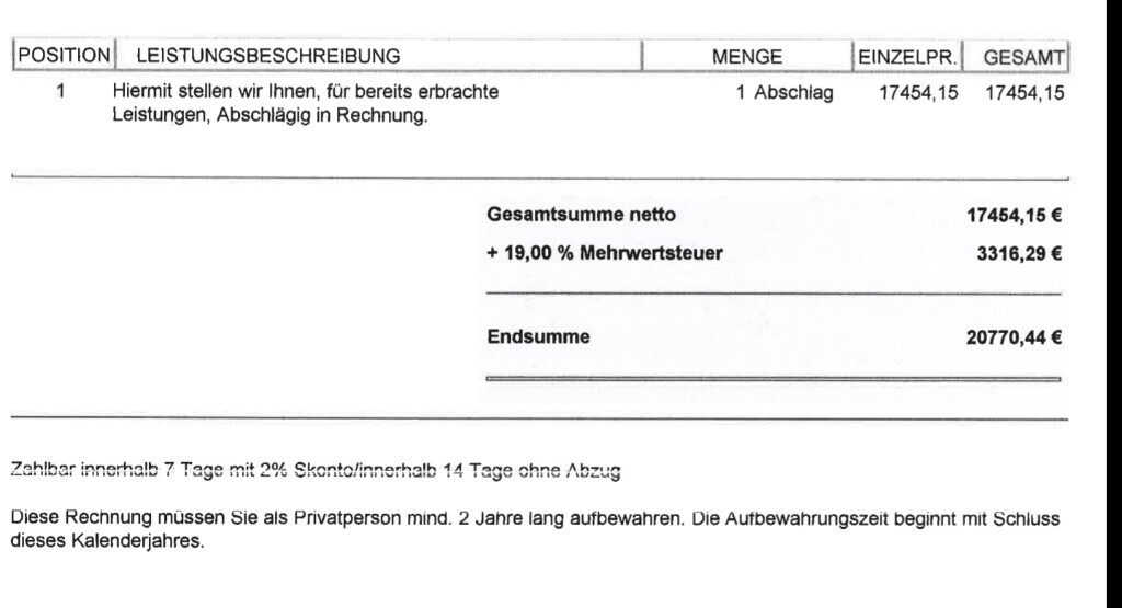 Scan einer deutschen Rechnung mit Netto, Mehrwertsteuer und Gesamtsumme