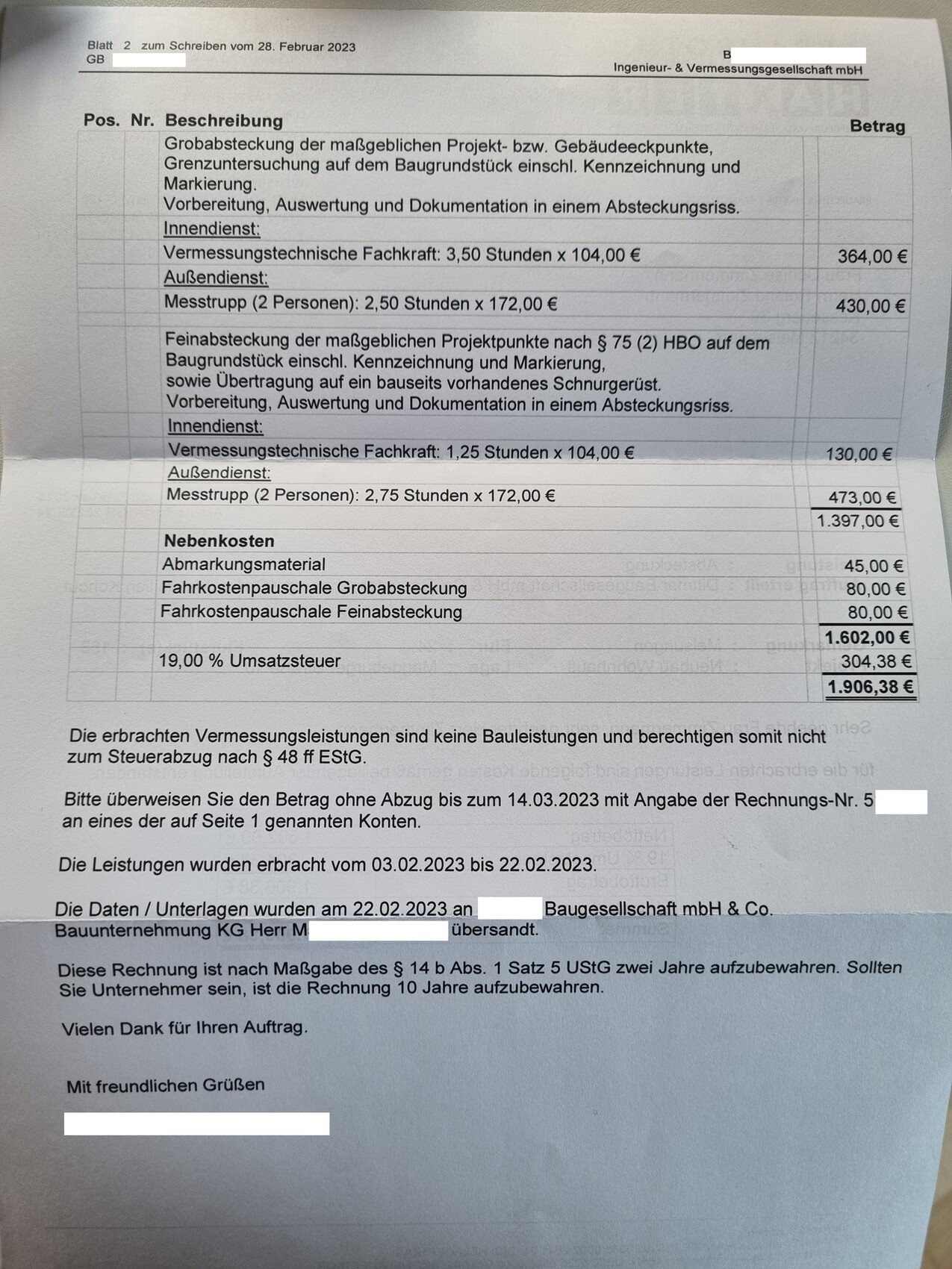 Rechnungsdokument zur Vermessungsleistung mit Tabellen und Fließtext.