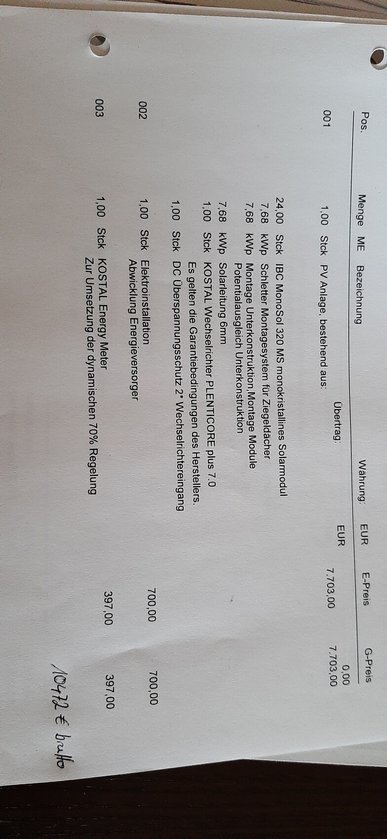 Preis- und Positionsliste auf Papier mit Spalten zu Position, Bezeichnung, Menge und Preis in EUR.
