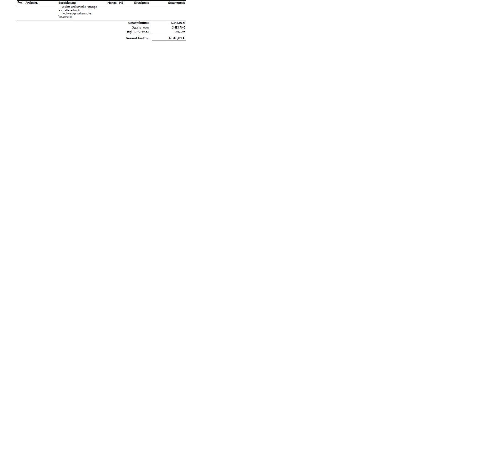 Kleines Tabellenfragment eines Kaufbelegs mit Positionen, Menge, Preis und Gesamtbetrag 4.348,01 €