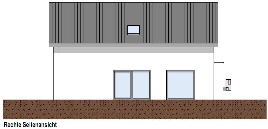 Rechte Seitenansicht eines modernen Hauses mit grauem Dach, zwei großen Glasfronten und Dachfenster.