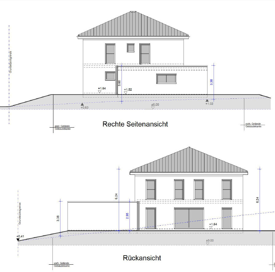 Rechte Seitenansicht und Rückansicht eines zweigeschossigen Hauses mit Satteldach