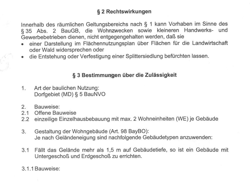 Ausschnitt eines Gesetzestextes: §2 Rechtswirkungen und §3 Bestimmungen über die Zulässigkeit.