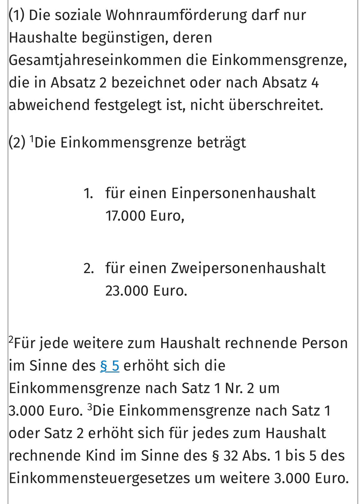 Gesetzestext zur sozialen Wohnraumförderung: Einkommensgrenzen nach Haushaltsgröße.