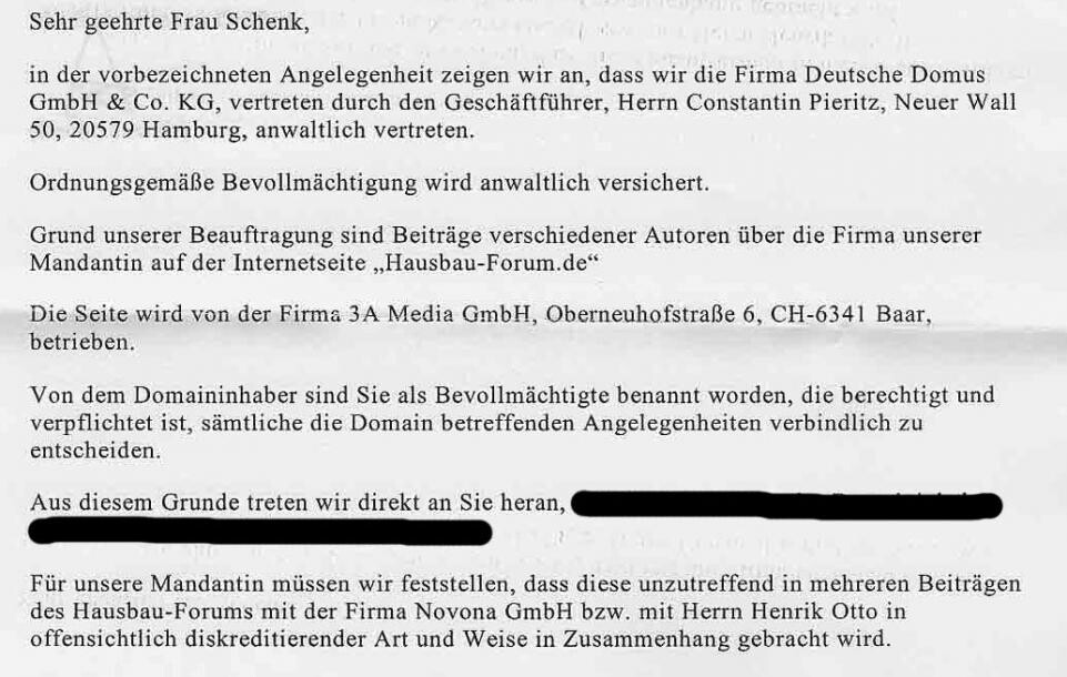 Formeller Rechtsbrief mit Anwaltsvertretung und geschwaehrten Passagen