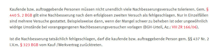 Rechtsabschnitt zur Nachbesserung im BGB mit Paragrafenangaben.