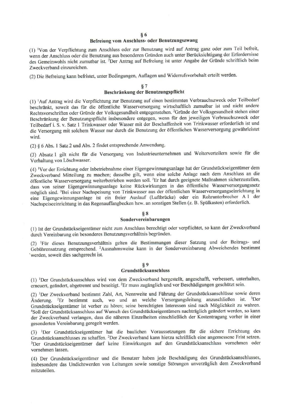 Seite eines Gesetzestextes zu Anschluss- und Benutzungszwang (Abschn. §6–§9)