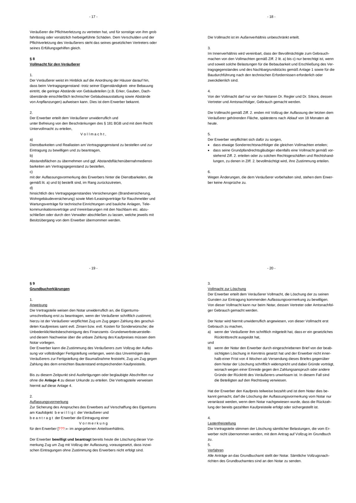 Vierseitiges juristisches Dokument mit Vollmacht, Grundbucherklärungen und Löschungsvorgaben.