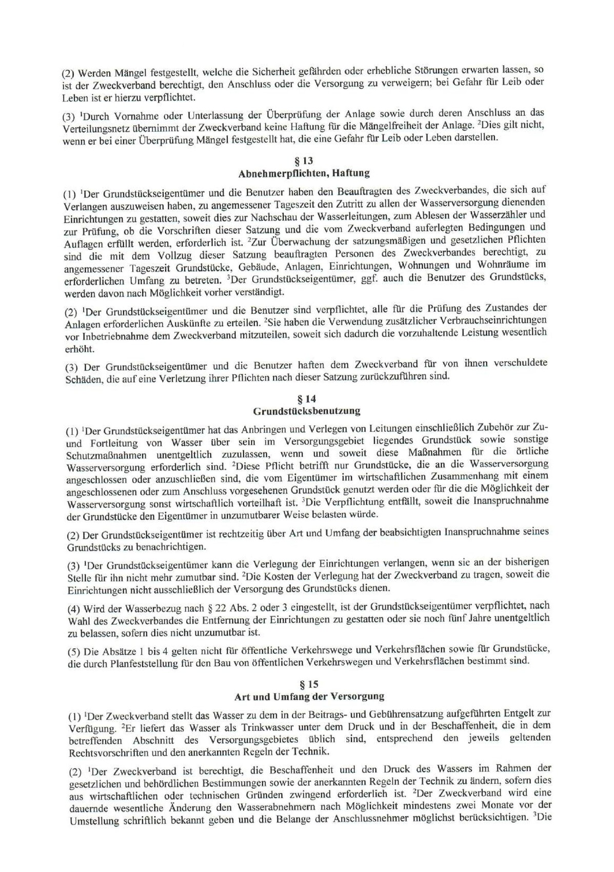 Gesetzestext mit §§ 13–15 zu Abnehmerpflichten, Haftung und Grundstücksbenutzung.