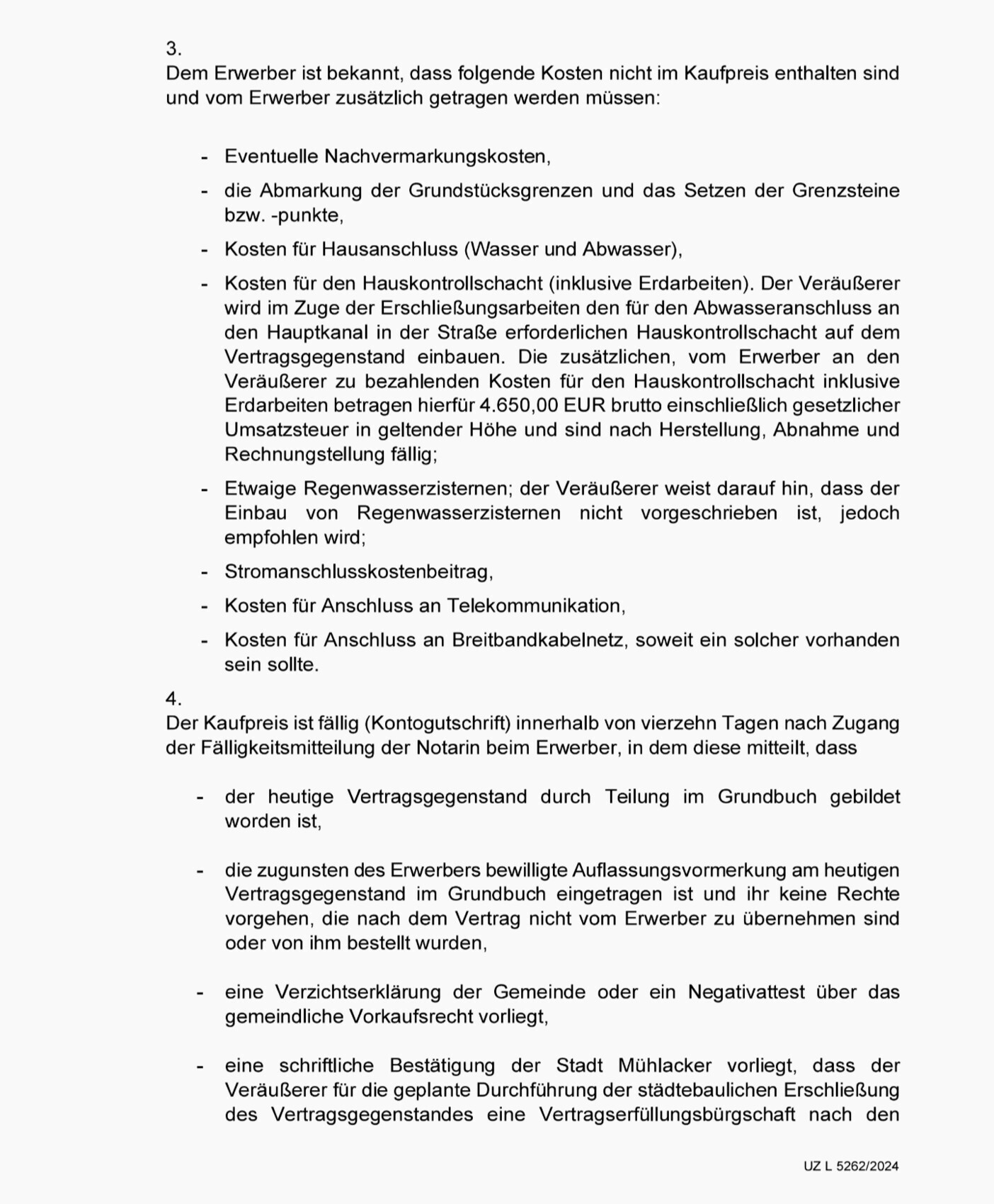 Seite eines Vertragsdokuments mit Kostenliste und Fälligkeitsregelungen zum Kaufpreis.