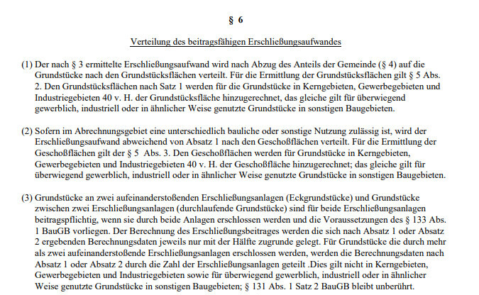 §6 Verteilung des beitragsfähigen Erschließungsaufwands (Absätze 1-3)