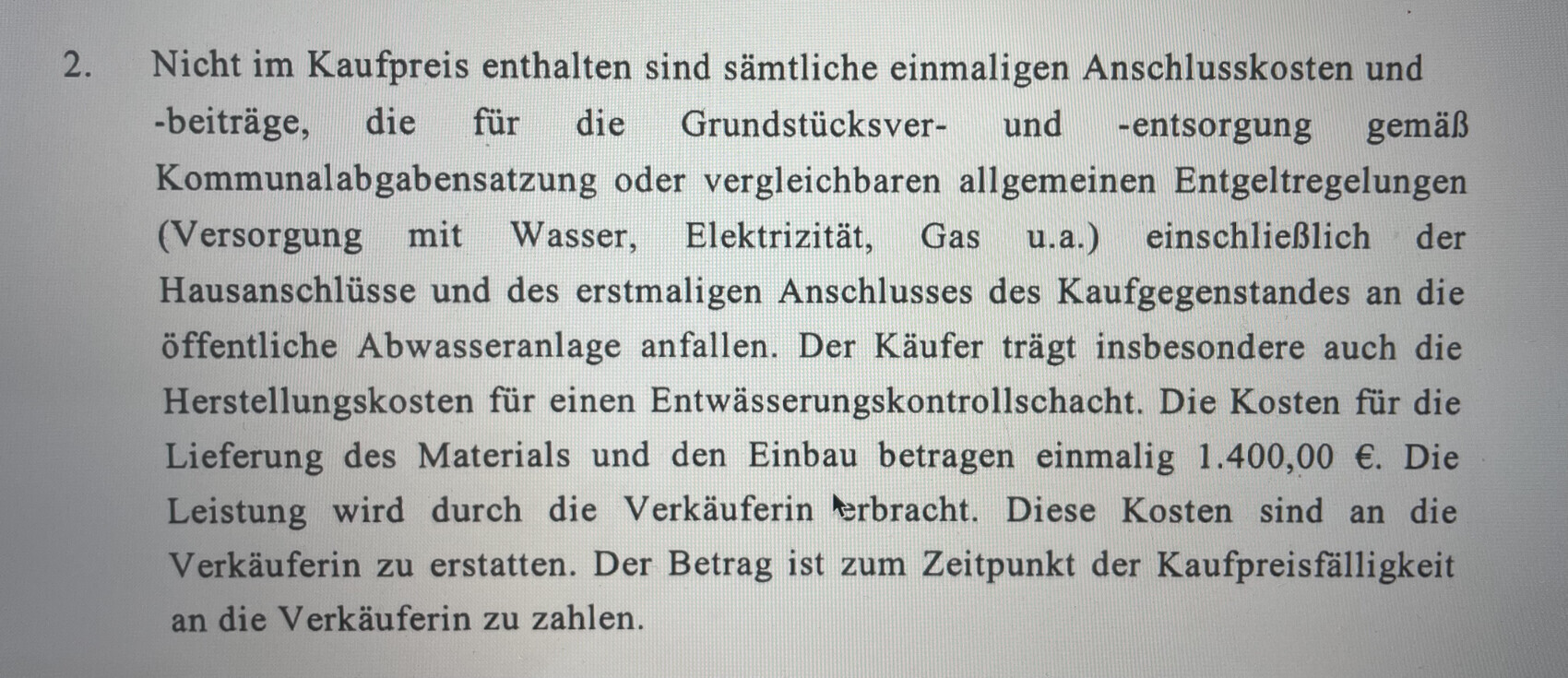 Nicht im Kaufpreis enthaltene Anschluss- und Lieferkosten, 1.400 €