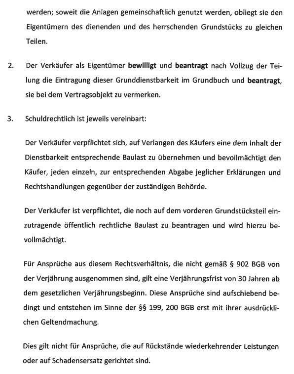 Vertragsseite mit Klauseln zu Eigentümer, Grunddienstbarkeit und Pflichten.