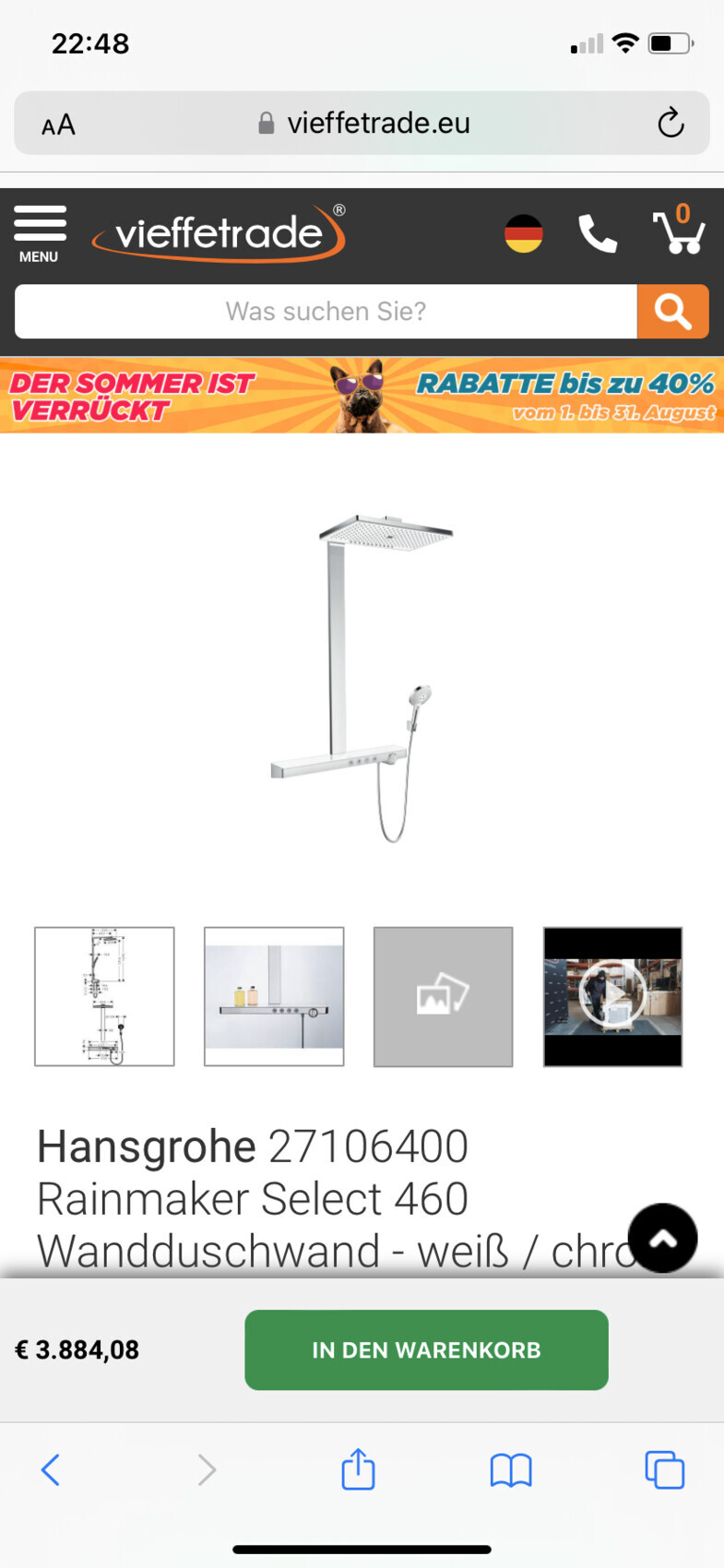 Chromierte Duschsäule mit Regenduschkopf und Handbrause in Badezimmer-Armatur