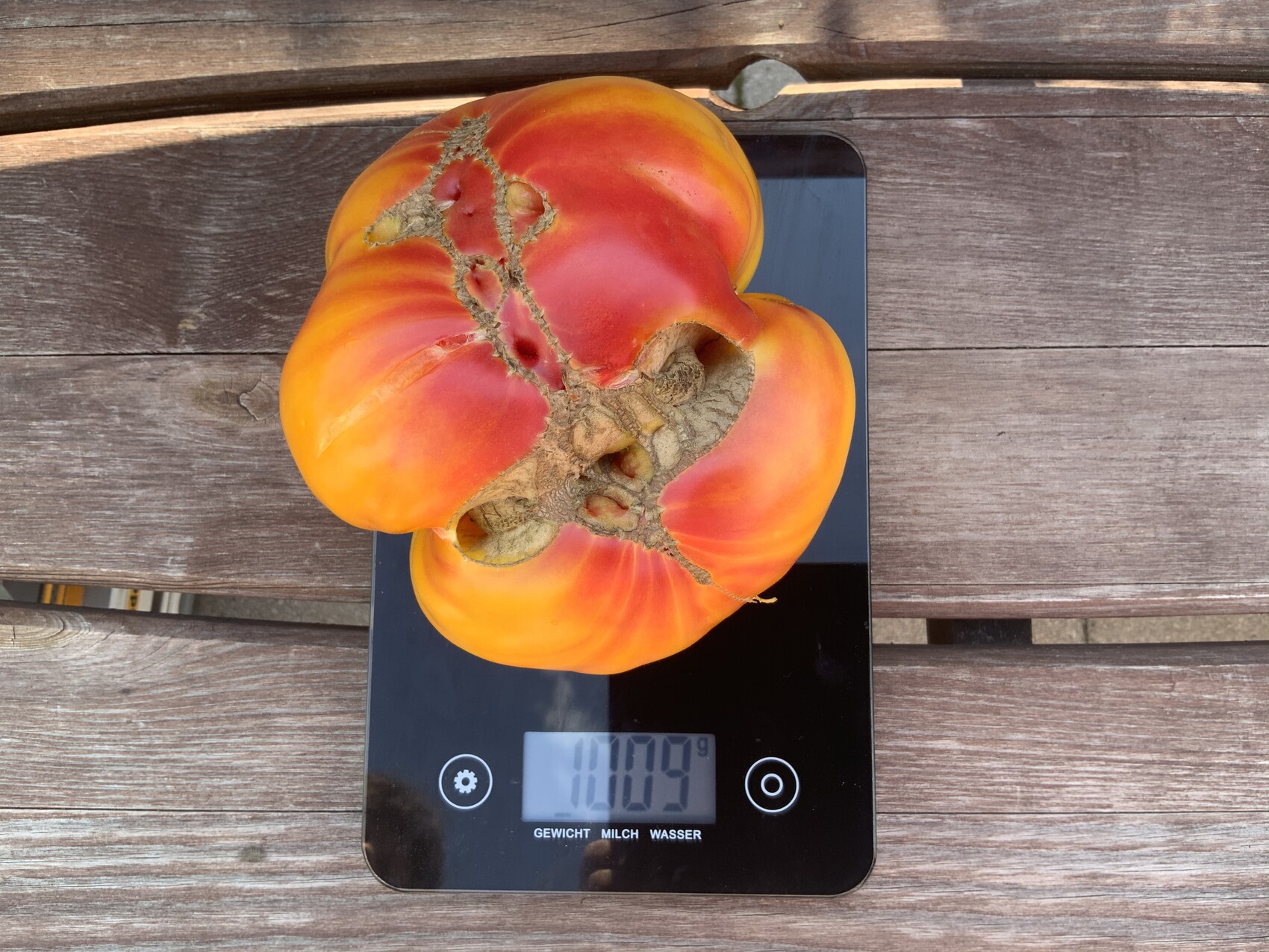 Große orange-rote Tomate mit Rissen liegt auf einer digitalen Küchenwaage auf Holztisch.