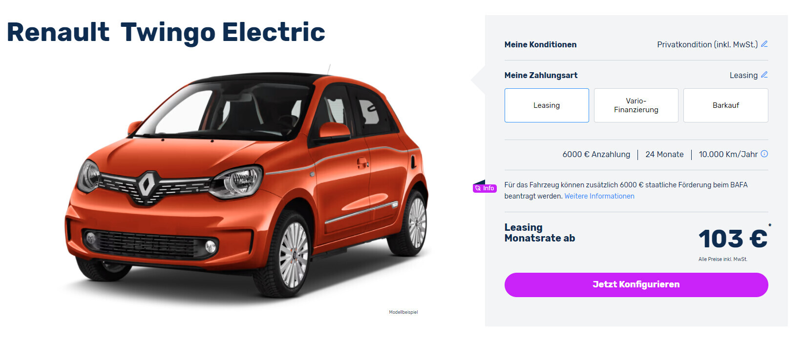 Orangefarbener Renault Twingo Electric von vorne links, Profilansicht