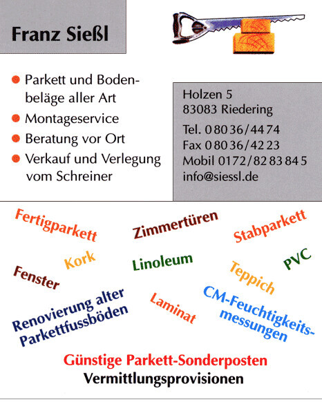 Werbetafel von Franz Seißl: Parkett- und Bodenbeläge, Montage, Beratung; Kontaktdaten.