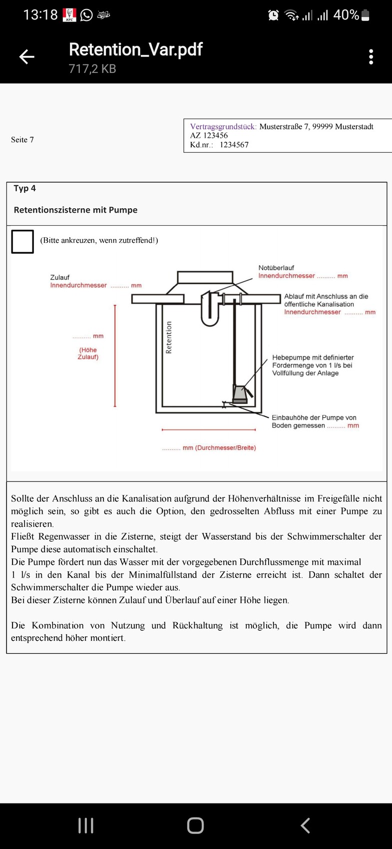 Typ 4 Retentionszisterne mit Pumpe - Skizze mit Zuleitung, Ablauf und Notüberlauf