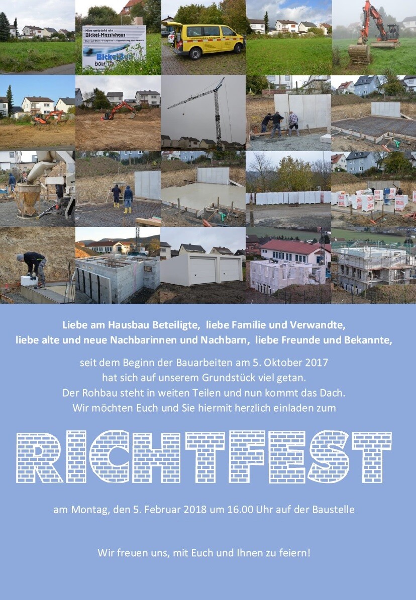Kollage von Baustellenfotos: Rohbau, Kran, Bauarbeiter, Fundamentarbeiten und Richtfest-Banner