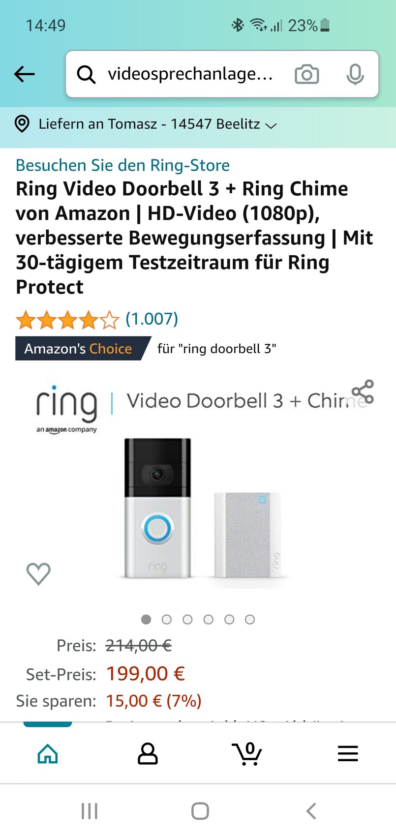 Produktbild: Ring Video Doorbell 3 + Ring Chime von Amazon; Preis 199,00€