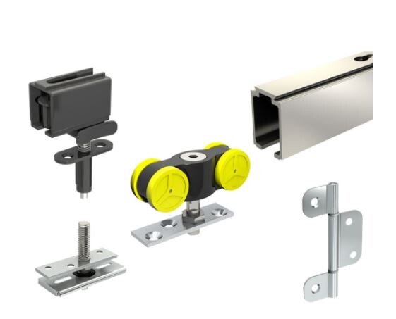 Verschiedene Metall-Befestigungen, Schiene und Rollenhalter zur Montage.