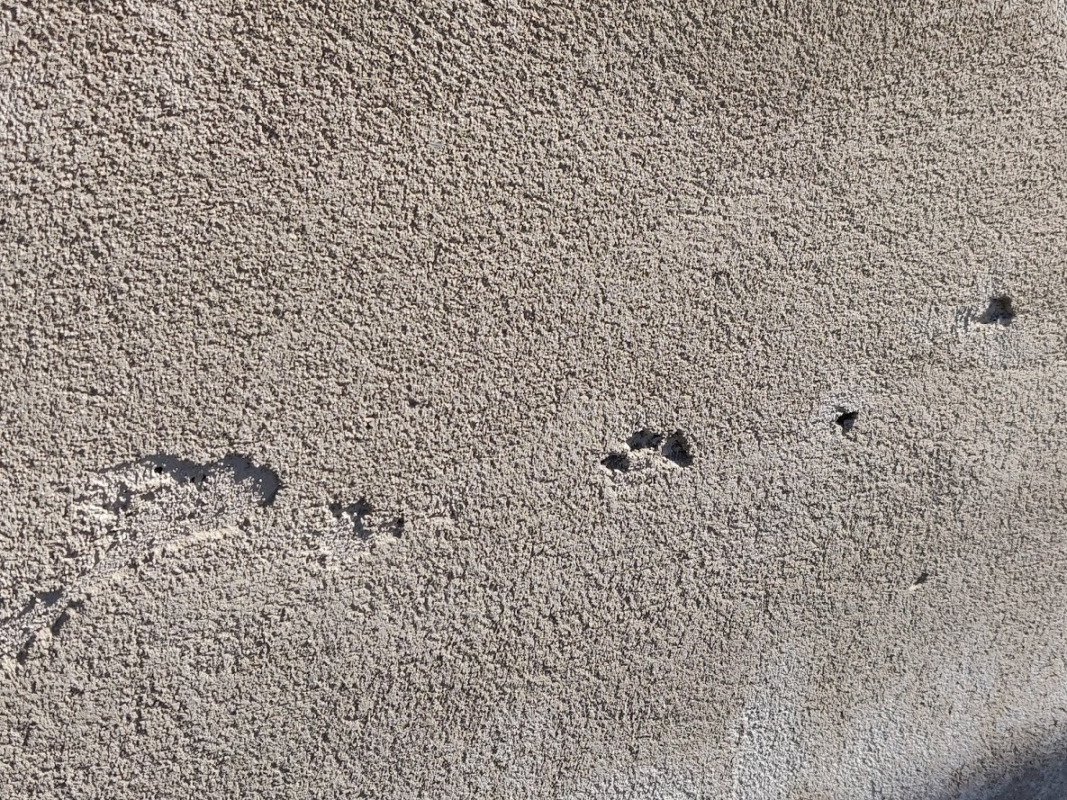 Rauhe Außenwandoberfläche mit kleinen Löchern und Putztextur