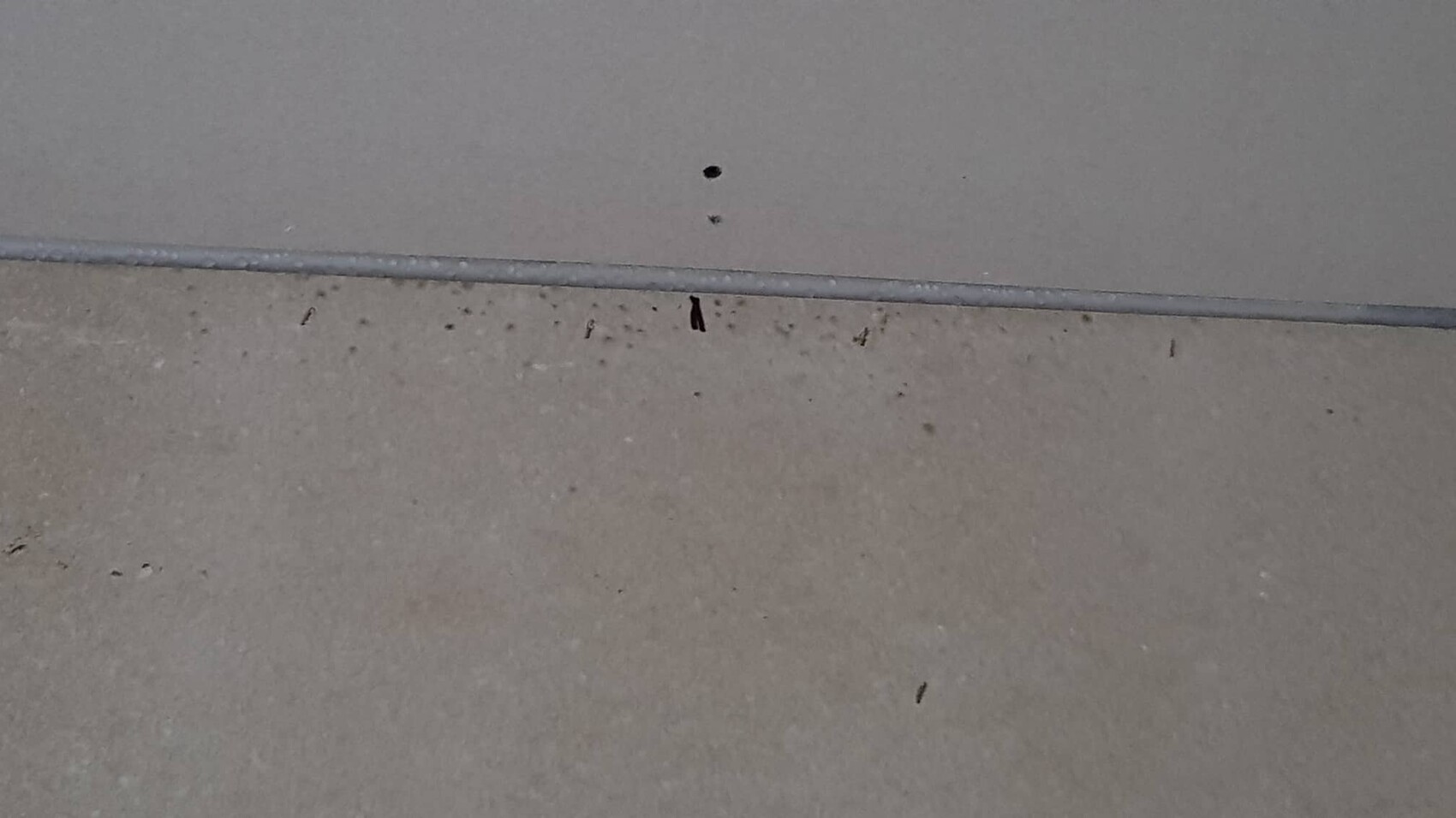 Unbearbeiteter Betonboden nahe einer Wand mit Staub und kleinen Partikeln