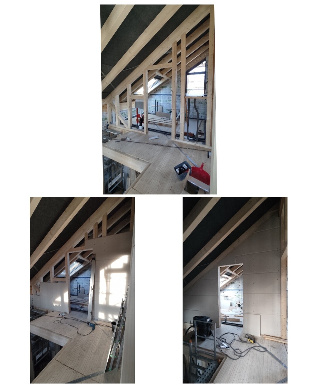 Innenansicht eines Dachgeschoss-Rohbaus mit Holzständern und Bauwerkzeugen.