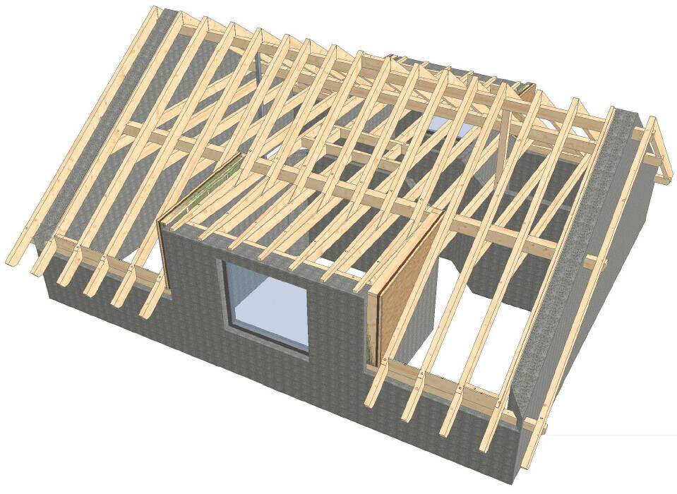 Modell eines Hauses mit freigelegter Holzdachkonstruktion, grauen Wänden und Fenster.