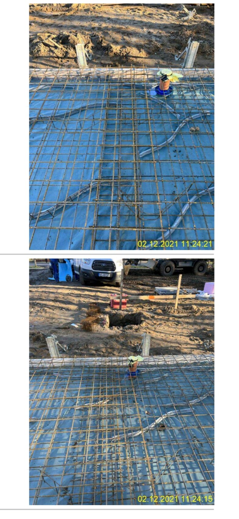 Baustelle mit Bewehrungsstahl-Gitter auf blauer Plane; Arbeiter mit gelbem Helm.