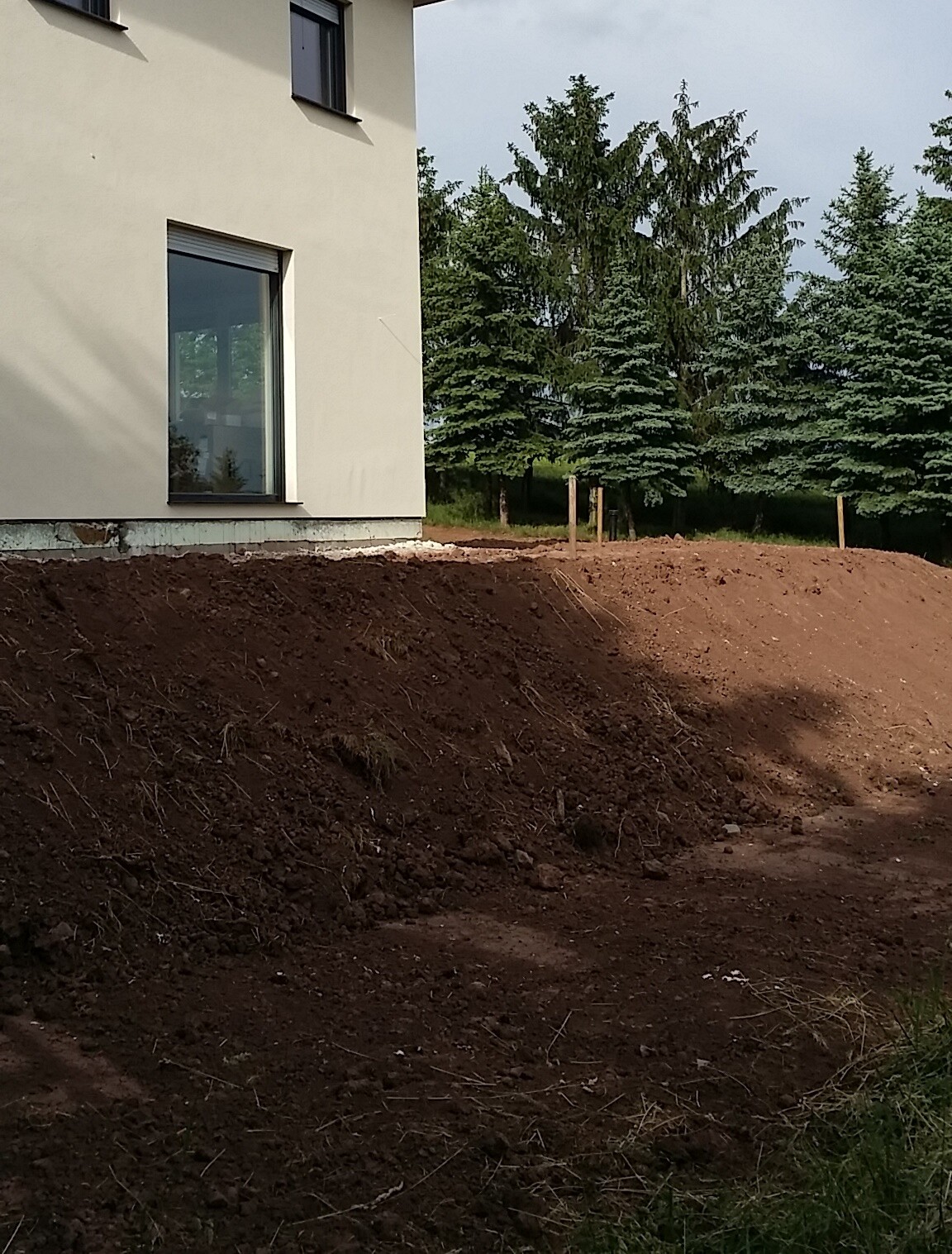Außenansicht eines Hauses mit Fenster; Erdaushub rund ums Fundament, Hintergrund mit Nadelbäumen.