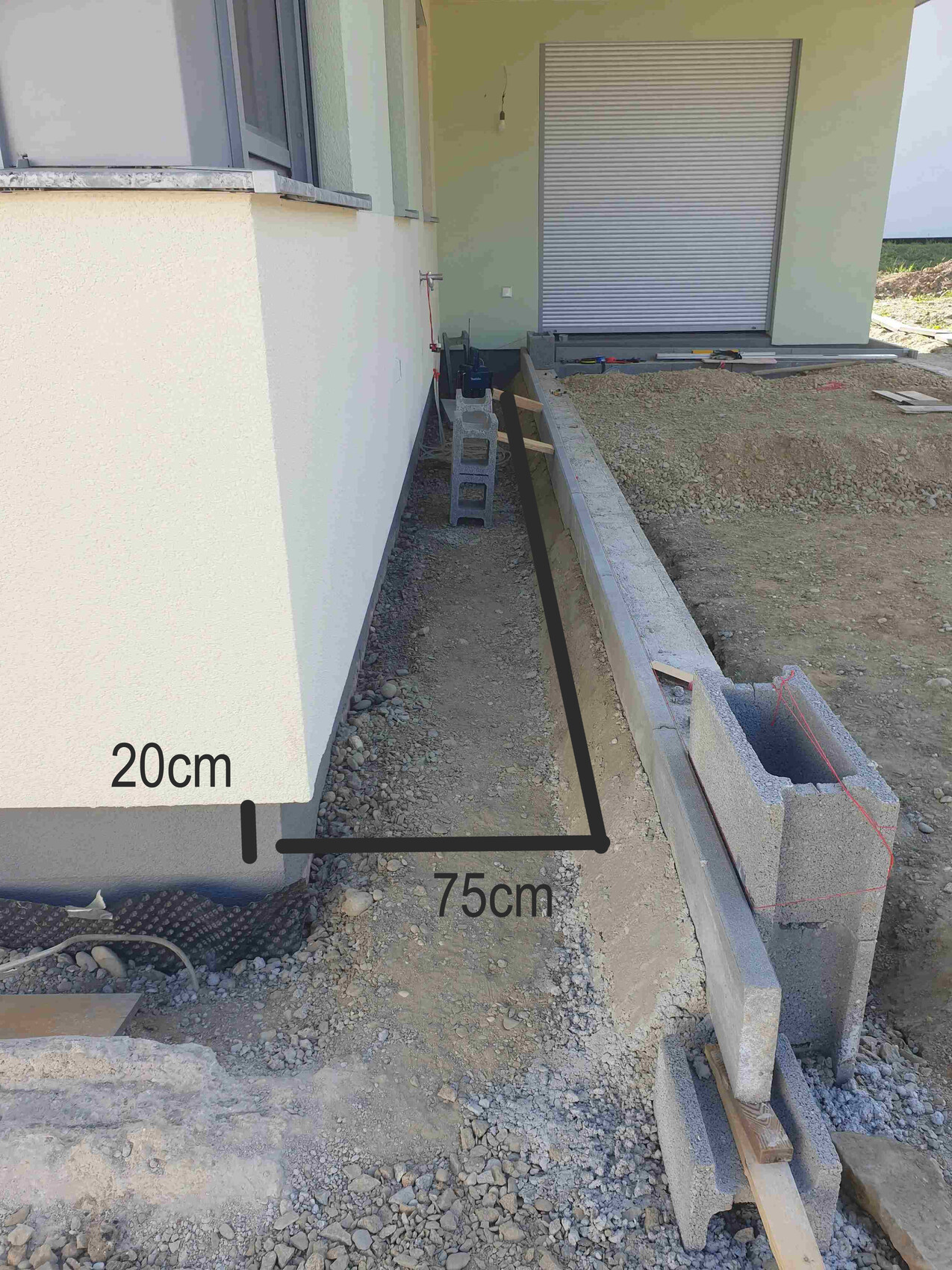 Bauarbeiten am Haus: Graben neben Wand, Betonblöcke, Werkzeug und Maßangaben 75 cm/20 cm.