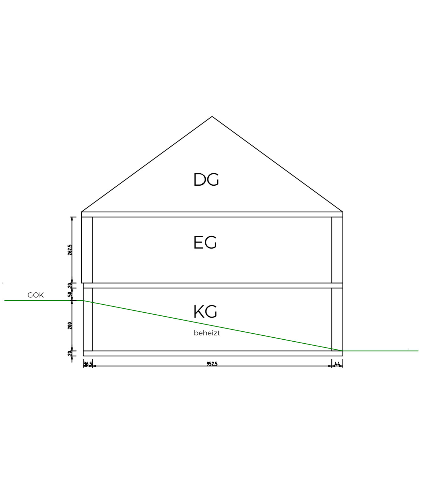 Schematisches Dreigeschoss-Haus mit Keller, Erdgeschoss, Dachgeschoss und Dach