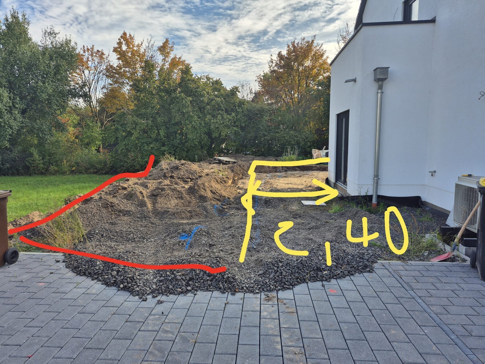 Baustelle im Garten mit Erdarbeiten, Kies und Hauswand