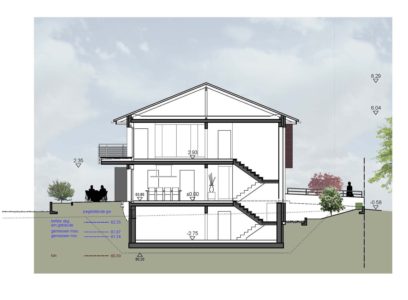 Querschnitt eines mehrstöckigen Hauses mit Innenräumen, Treppen, Terrasse und Möbeln.