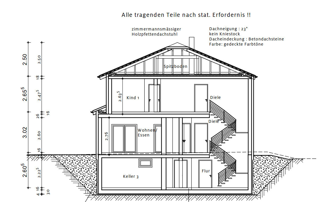 Querschnitt durch ein mehrstöckiges Haus mit Keller, Treppen und Fluren