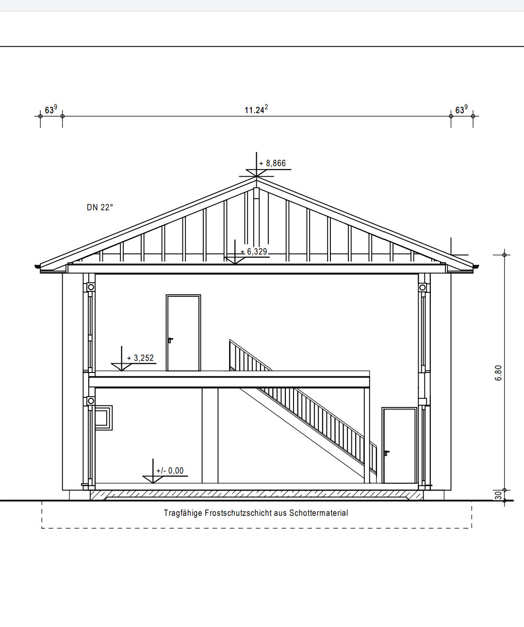 Schnittzeichnung eines zweigeschossigen Hauses mit Satteldach, Treppe, Tür und Geländer.